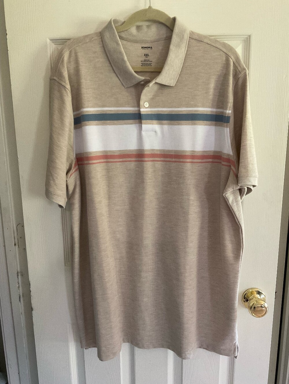 1- Sonoma Beige Polo with Blue and Coral Stripes NEW NO TAGS